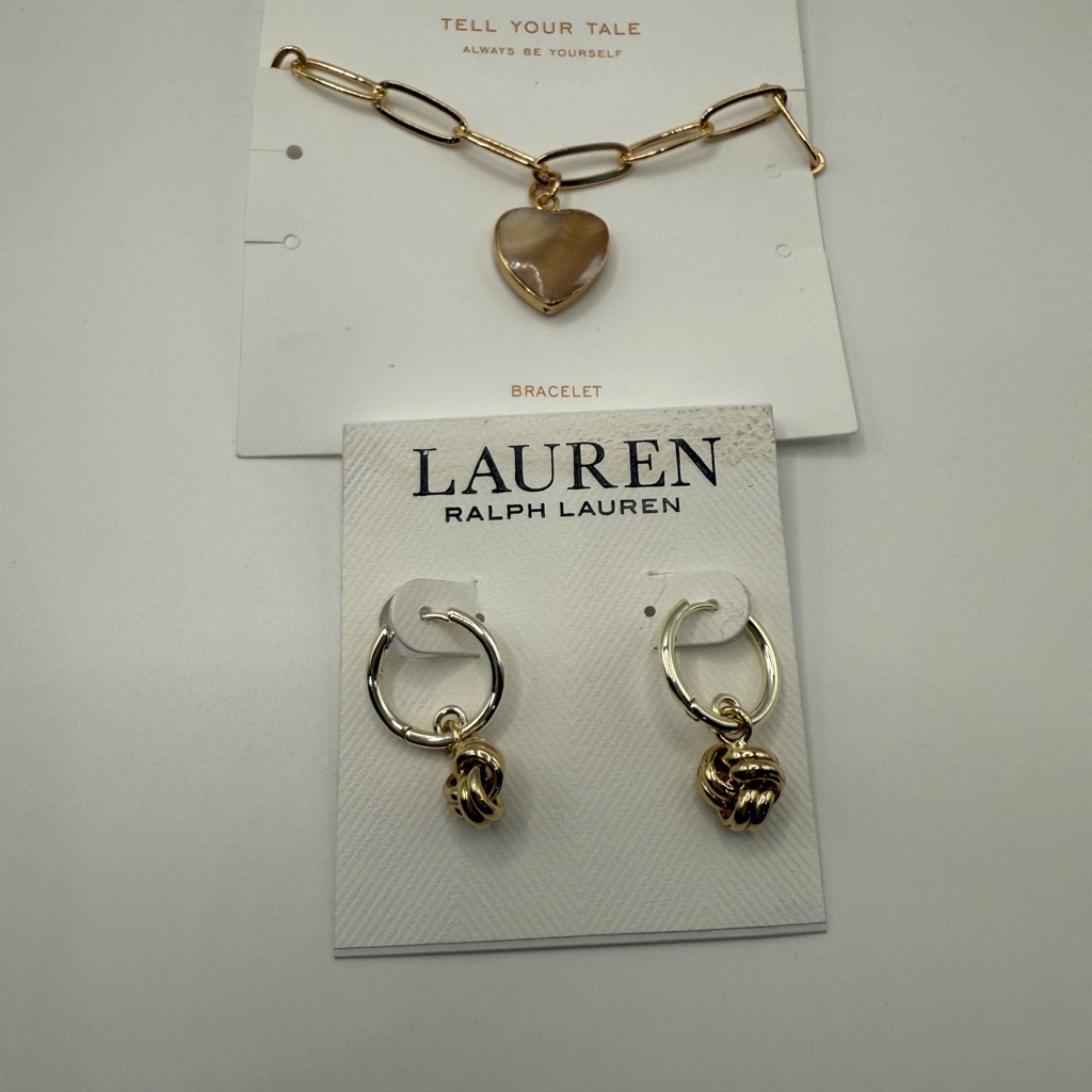 Lauren Ralph Lauren Gold And Silver Earrings Hoop Free Heart Bracelet Gift 24$